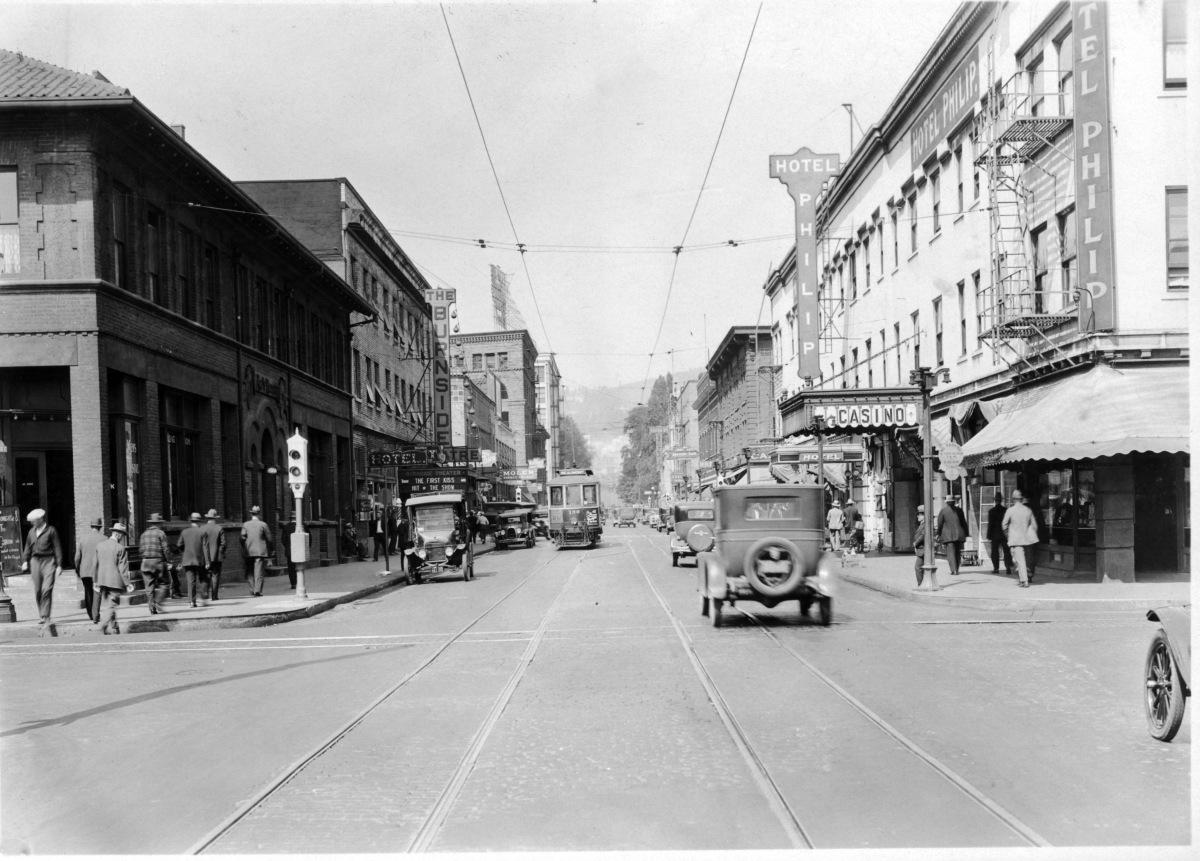West Burnside before widening. The Hotel Philip is visible on the right. (City of Portland archives)