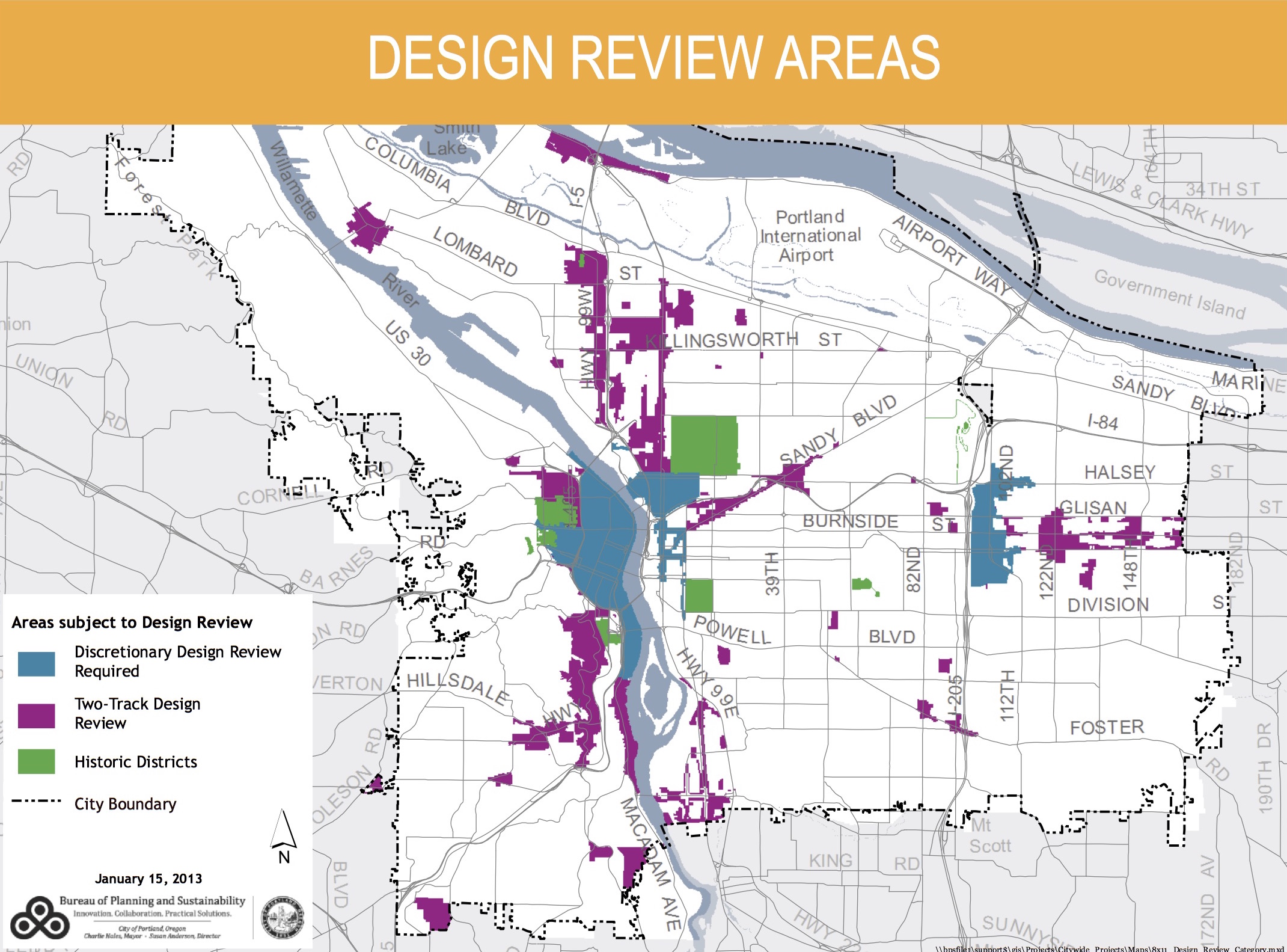 Areas of the city subject to Design Review. With some exceptions, the Design Commission reviews projects in the blue areas. Projects in the purple areas typically only come before the Design Commission if they are appealed. Areas in white are not subject to Design Review.